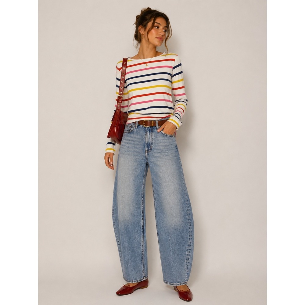 Talbots Petite P Long Sleeve Striped Cotton‎ Tee Bateau Neck Multi Color White
